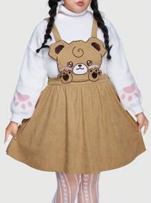 ROMWE Kawaii Plus Cartoon Embroidery Overall Dress Without Sweatshirt - Brown - View 2