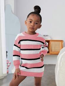 SHEIN Young Girl Striped Pattern Drop Shoulder Sweater Dress - Pink - View 3