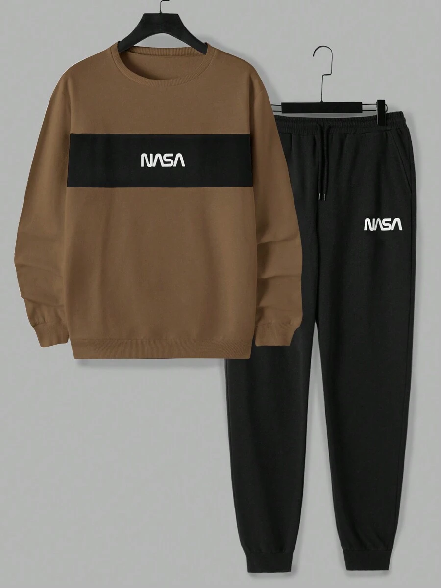 EURMUSE Men's Letter Print Sweatshirt And Drawstring Waist Sports Pants Set - Brown - View 1