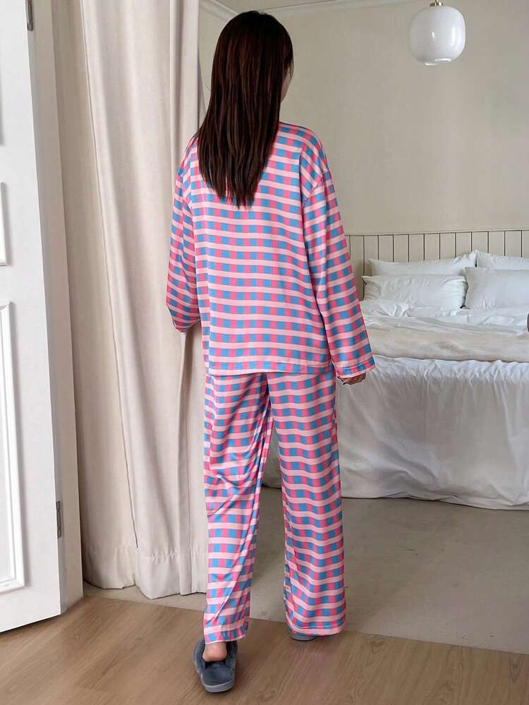 Plaid Print Drop Shoulder PJ Set