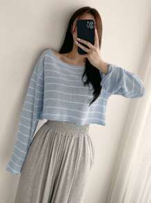 DAZY Sọc Cổ thuyền Thả vai Áo len Crop - Màu xanh lam - Xem 4