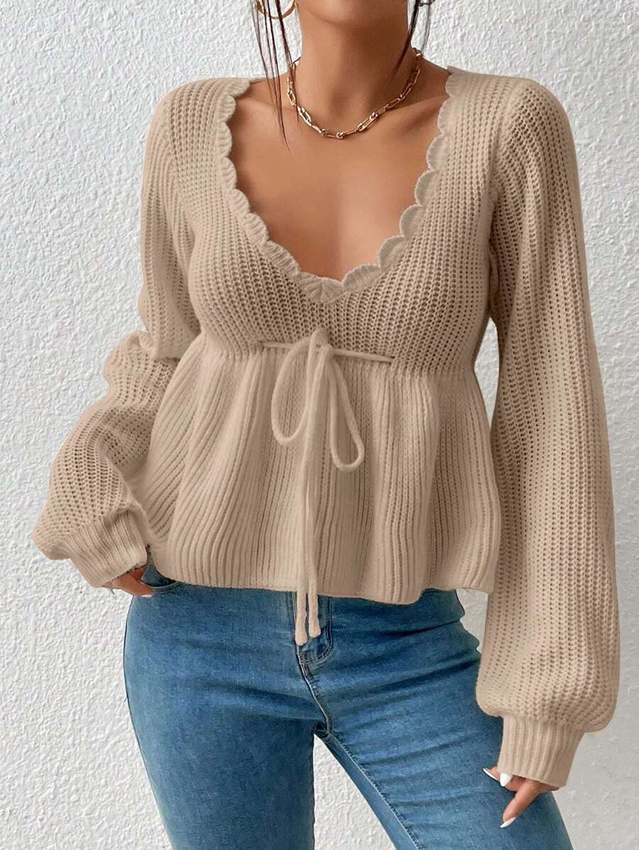 SHEIN MOD Scallop Trim Tie Front Lantern Sleeve Peplum Sweater,Long Sleeve Tops In Fall/Winter - Apricot - View 1