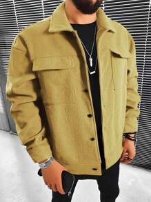 Manfinity Homme Loose Fit Men's Corduroy Jacket With Flap Pockets And Drop Shoulder Design - Army Green - View 1