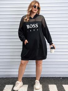 Calvaya Plus Letter Graphic Contrast Fishnet Drop Shoulder Drawstring Hoodie Dress Graduation,Back To School Outfits,Graduation,Teacher Outfits For Women,Back To School Pullover Fall Outfit Winter Autumn - Black - View 3