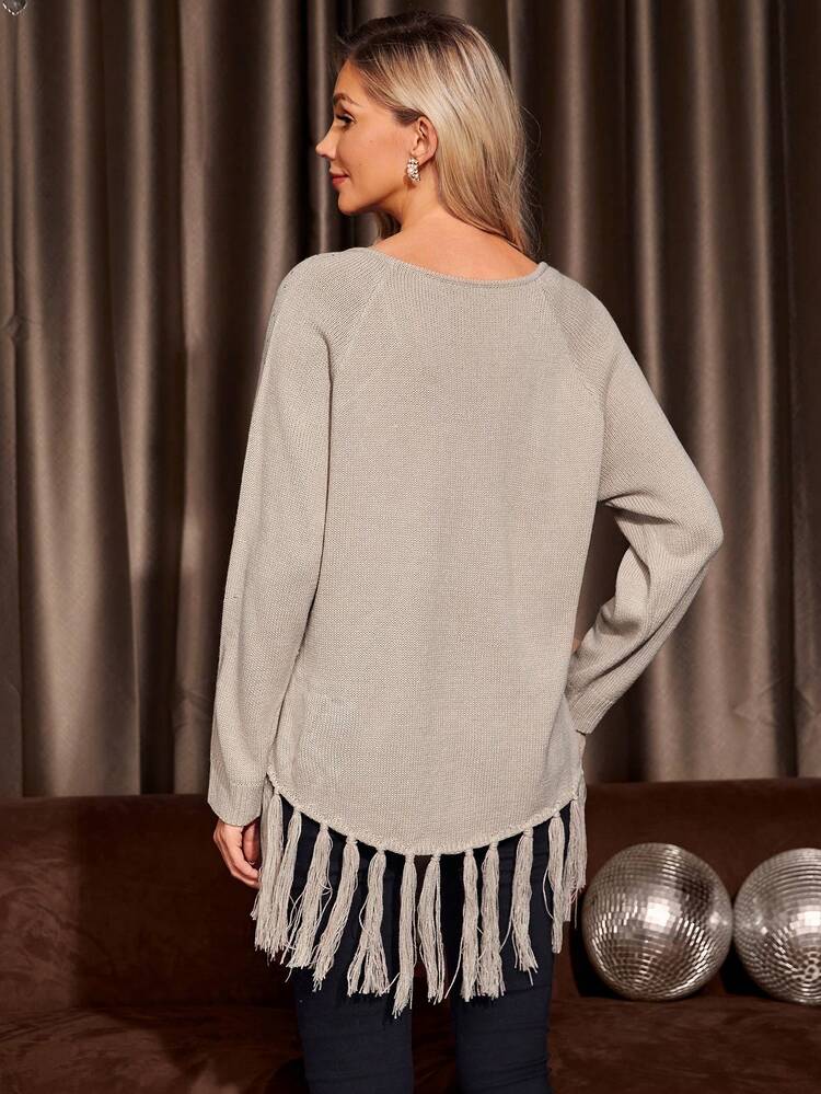 Rhinestone Detail Fringe Hem Raglan Sleeve Sweater