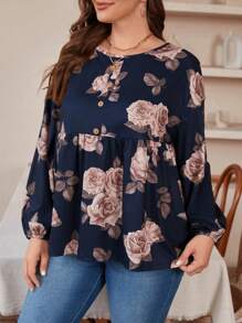 SHEIN LUNE Plus Size Floral Pattern Long Sleeve T-shirt - Multicolor - View 5