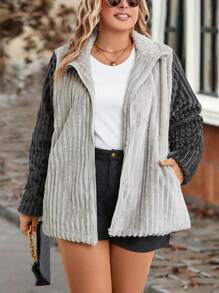 SHEIN LUNE Plus Two Tone Zip Up Slant Pocket Fleece Coat - Multicolor - View 1