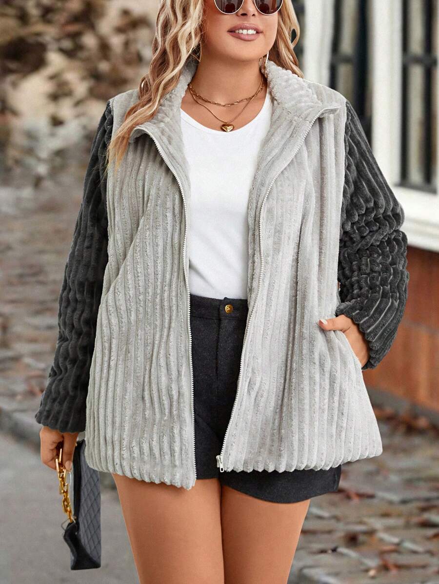 SHEIN LUNE Plus Two Tone Zip Up Slant Pocket Fleece Coat - Multicolor - View 1