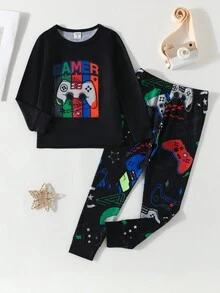 Young Boy Gamepad & Letter Graphic Snug Fit PJ Set - Black - View 4