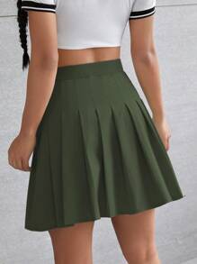 SHEIN Qutie Chất rắn Chân Váy xếp ly - xanh quân đội - Xem 2