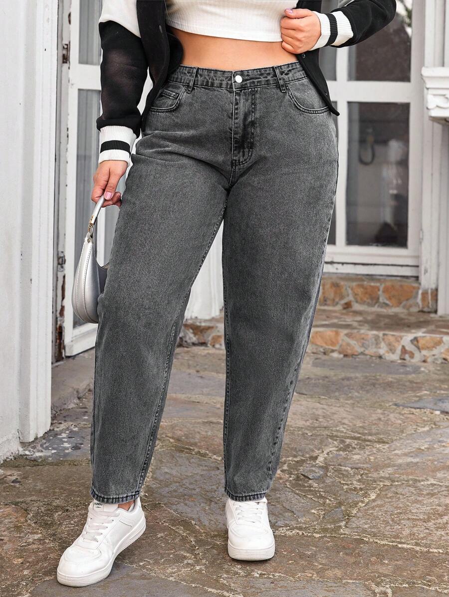 EURMUSE Quần Jeans Mom Fit Cạp Cao Cỡ Lớn - Xám - Xem 1
