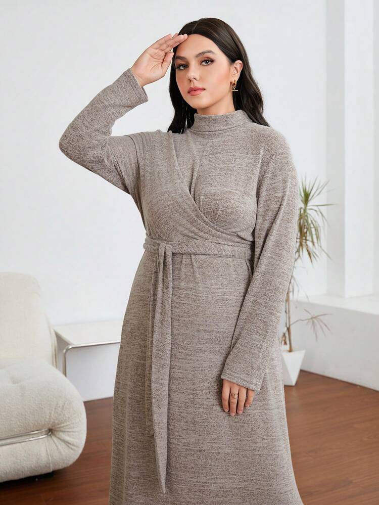 Plus Mock Neck Belted Dress