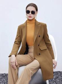 SHEIN BIZwear Lapel Neck Double Breasted Overcoat - Coffee Brown - View 4