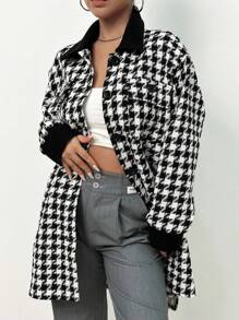 Flirla Áo khoác vải tuýt trễ vai họa tiết Houndstooth - Nhiều màu - Xem 6
