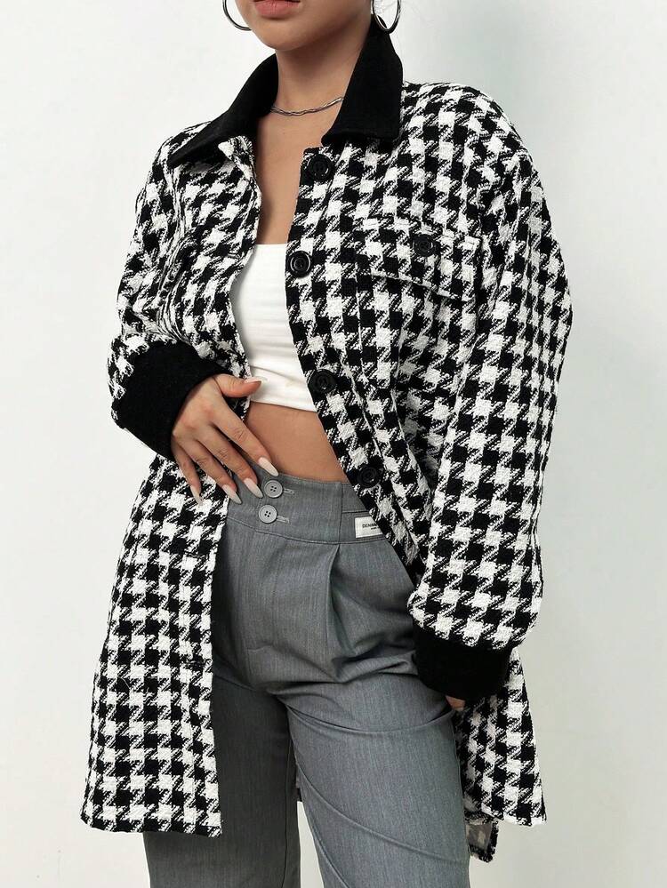 Houndstooth Print Drop Shoulder Tweed Overcoat Fall Cloth For Women