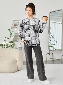 青少年女孩人像&日文圖案印花落肩袖運動衫 - 黑與白 - 查看 6