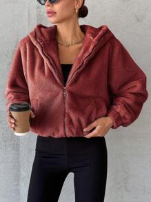 SHEIN Cottnline Dây kéo áo có mũ Áo Teddy Jackets - Màu Đỏ Sâu - Xem 5