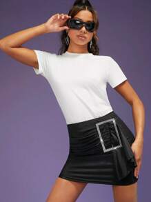 SHEIN Unity Rhinestone Buckle Ruched Draped Skirt - Black - View 3