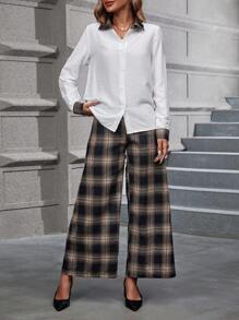 EMERY ROSE Plaid Print Button Front Shirt & Wide Leg Pants - Multicolor - View 4