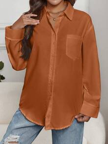 SHEIN Maternity Loose Fit Button-front Shirt With Patch Pocket - Coral Orange - View 3