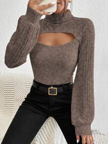 SHEIN Frenchy Cắt ra phía trước Áo cao cổ Cắt ra Tay áo lồng đèn Áo thun - Cà phê nâu - Xem 3