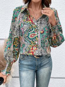 SHEIN LUNE Paisley Print Button Front Shirt - Green - View 5