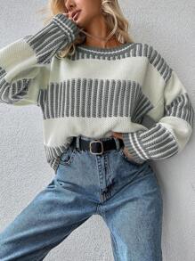 EURMUSE Striped Pattern Drop Shoulder Sweater - Light Grey - View 4