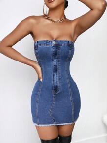 SHEIN SXY Vestido Vaquero Palabra De Honor Con Volantes - Azul lavado oscuro - Ver 7