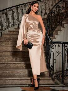 SHEIN BAE One Shoulder Cloak Sleeve Ruched Side Satin Bridesmaid Dress - Apricot - View 1