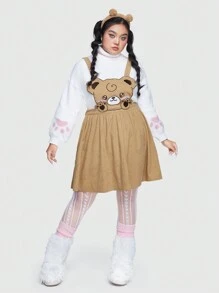 ROMWE Kawaii Plus Cartoon Embroidery Overall Dress Without Sweatshirt - Brown - View 1