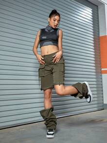 Quần có túi có khóa kéo có thể tháo rời Đường phố - xanh quân đội - Xem 6