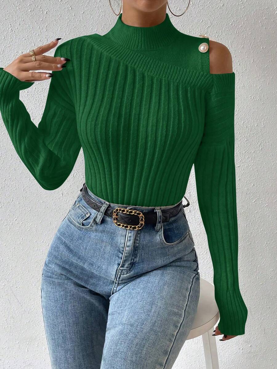 Chiquease Cổ giả Cắt bỏ vai Chi tiết Nút Áo len - xanh quân đội - Xem 1