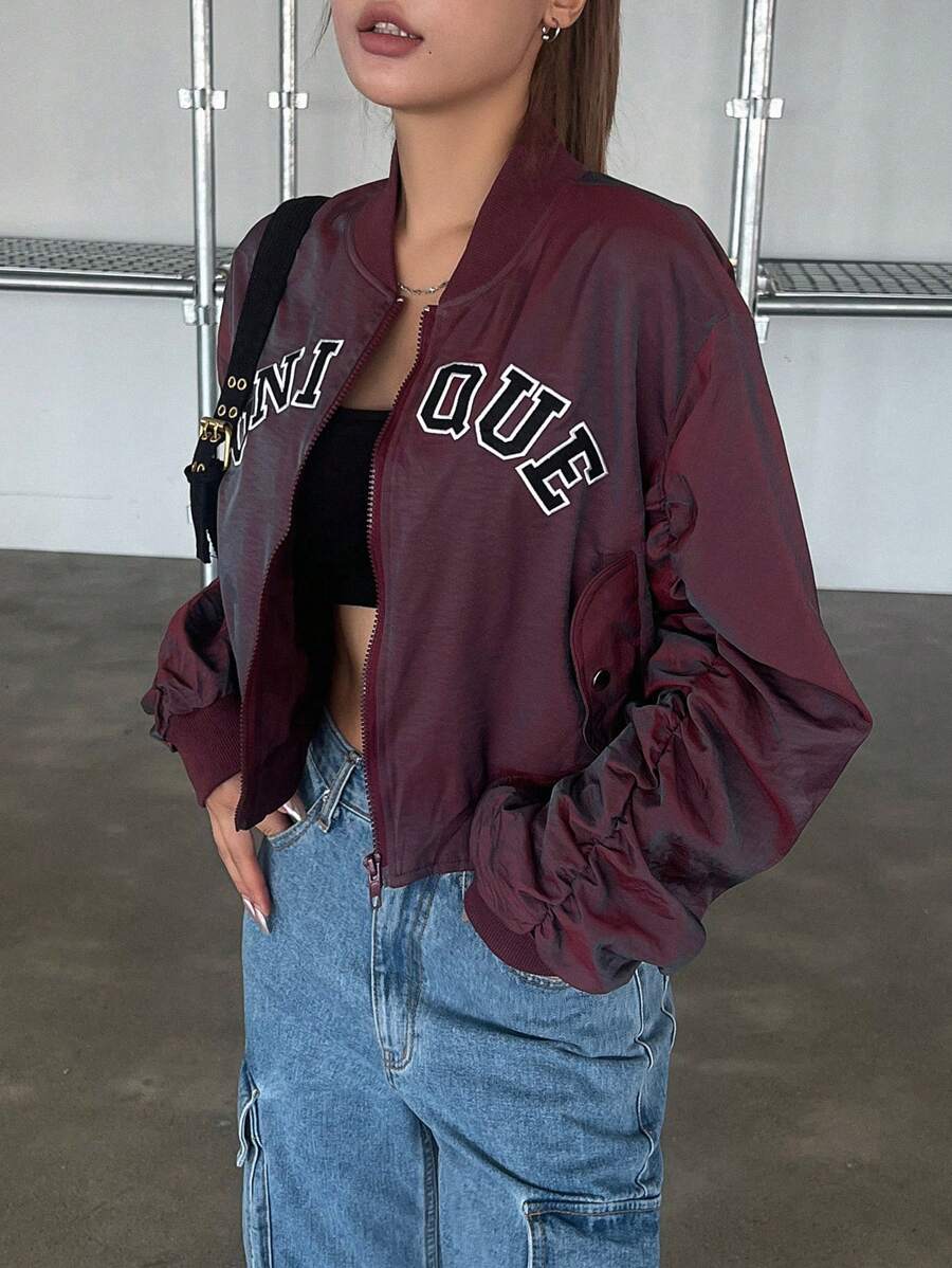 Dazy Star 字母圖形褶皺袖飛行員外套 - 紫色 - 查看 1