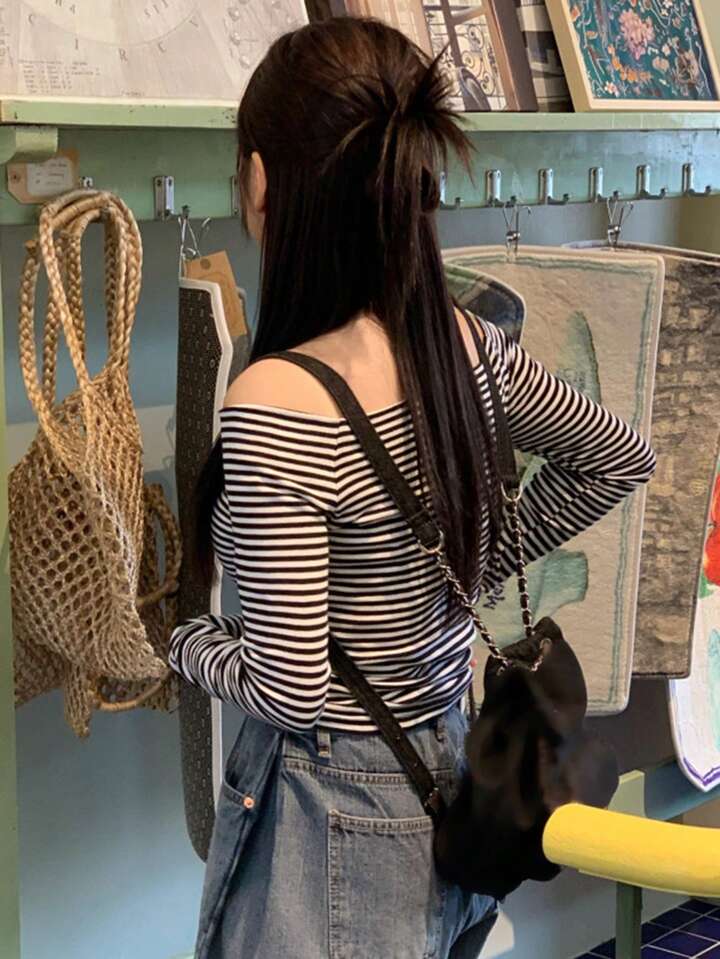 DAZY ストライプオフショルダーtシャツ レディース | SHEIN JAPAN