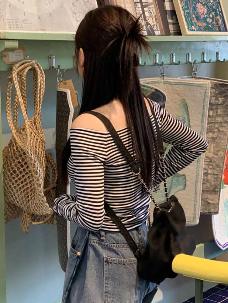 Striped Off Shoulder Women's T-Shirt,Fall Clothes Long Sleeve Women Tops