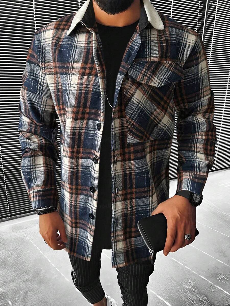 Manfinity Homme 男士格子翻領口袋前扣夾克 - 彩色 - 查看 1