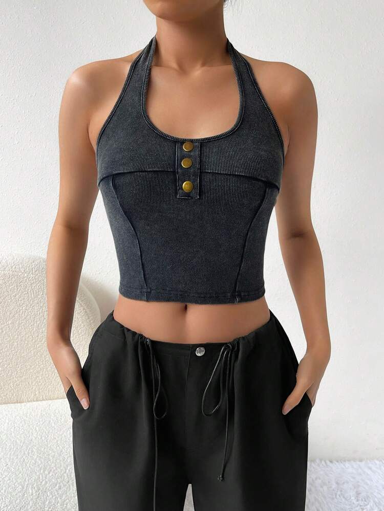 Button Front Crop Halter Top