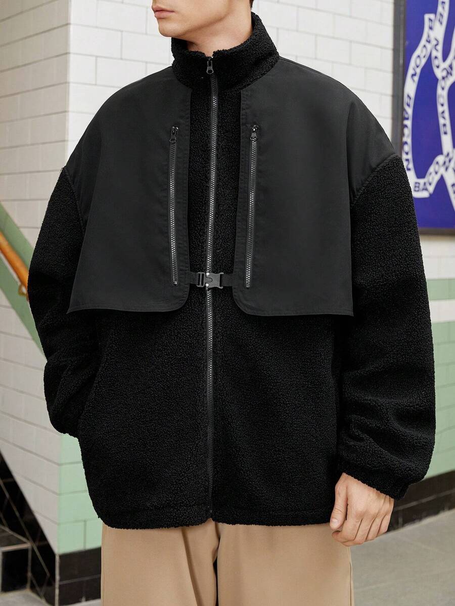Manfinity Roghcode 男士加大號泰迪外套,垂墜肩設計,拉鍊閉合 - 黑色 - 查看 1
