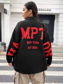 Flirla 大碼字母圖案落肩袖襯衫 - 黑色 - 查看 3