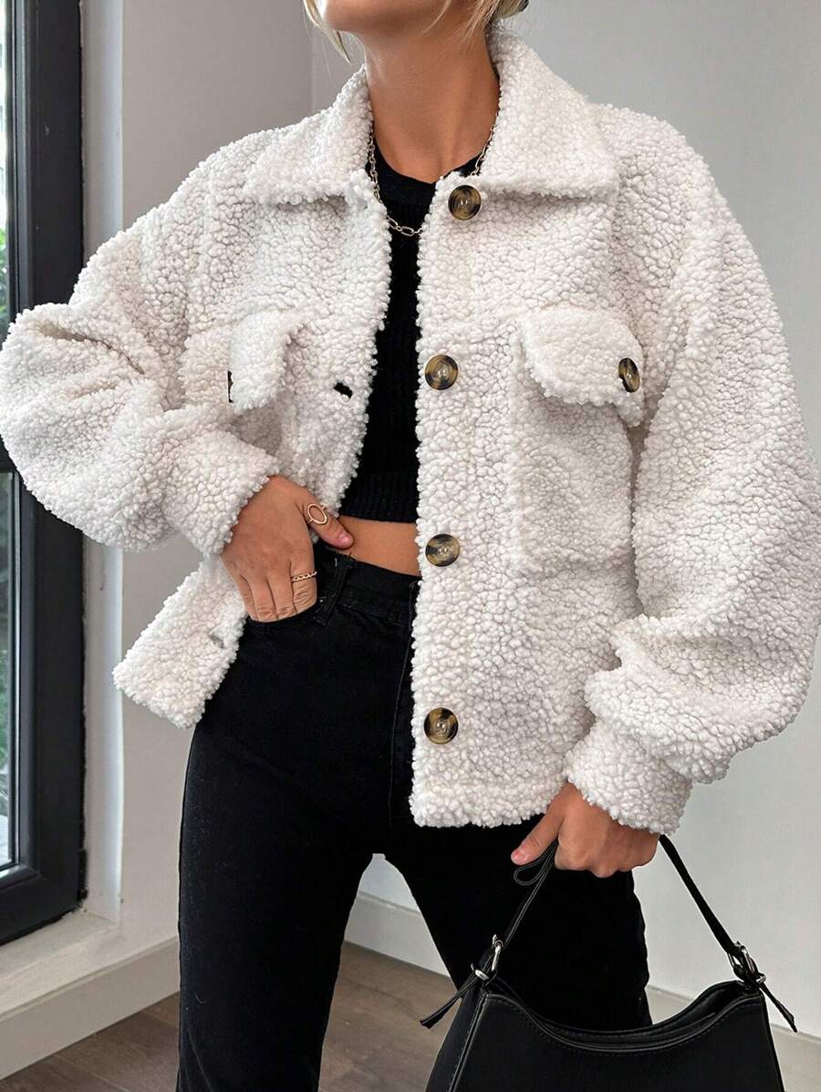 EURMUSE Women's Teddy Fleece Regular Jacket With Pockets And Front Button - White - View 1
