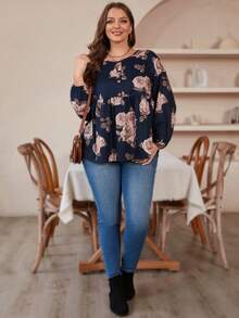 SHEIN LUNE Plus Size Floral Pattern Long Sleeve T-shirt - Multicolor - View 4