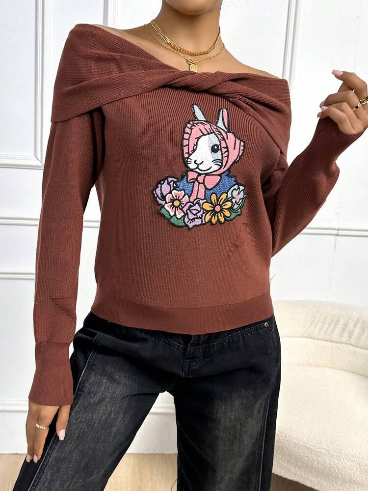 Cartoon Pattern Foldover Twist Off Shoulder Knit Pullover Fall Winter Sweater