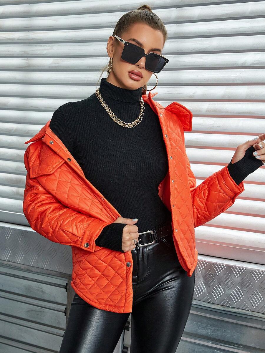 Eilly Bazar Flap Pocket Hooded Quilted Coat - Orange - View 1