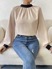 SHEIN Privé Draped Backless Lantern Sleeve Blouse - Multicolor - View 6