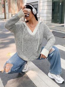 Flirla 大碼拼接邊抽繩連帽套頭毛衣 - 黑與白 - 查看 6