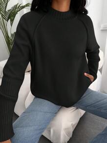 EURMUSE Solid Color Stand Collar Raglan Sleeve Women'S Sweater - Black - View 1