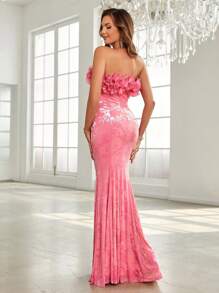 SHEIN Belle Women's Exaggerated Strapless Velvet Burnout Ruffle Tiered Mermaid Evening Dress - Pink - View 3