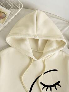 SHEIN EZwear Đồ họa Hình Túi kangaroo Dây rút Lót nhiệt Hoodie - Màu be - Xem 6