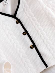 SHEIN Young Girl Contrast Binding Button Front Jacket & Plaid Print Pleated Skirt - Apricot - View 5