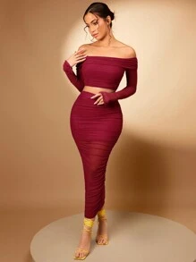 Silquee Gấp lại Off Shoulder Top Cây trồng & Xù Váy bút chì - Màu Đỏ Sâu - Xem 5